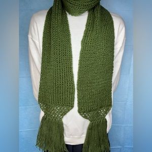UNISEX Olive Green Crochet Knitted Scarf with Fringe; Multiple Sizes
